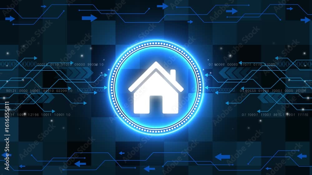 Poster digital house icon on a circuit board background with a blue glowing light effect. house with futuri