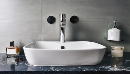 Fototapeta premium modern bathroom sink standing on marble countertop
