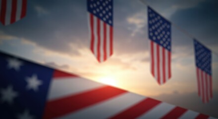 Patriotic Sunset: American Flags Bunting Against Golden Sky, Blurred Vision of National Pride