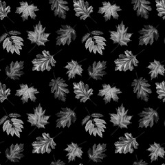 White leaves on a black background, seamless pattern, watercolor