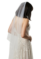 Graceful Asian Bride In Delicate Lace Wedding Gown With Ethereal Sheer Veil Gazing Down Demurely Isolated On PNG Background.