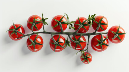 A group of fresh red tomatoes with green stems arranged in a line on a white surface, vibrant and appetizing