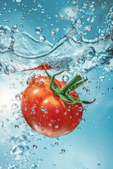 Bright red tomato covered in splashing water against a bright blue background