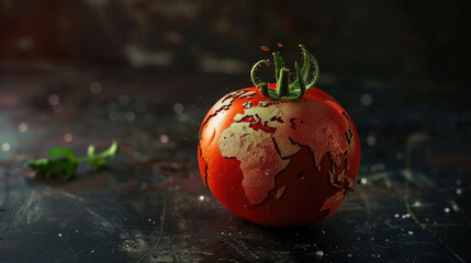A single, plump tomato displayed on a dark rustic surface with dramatic lighting emphasizing its glossy skin and natural ripeness.