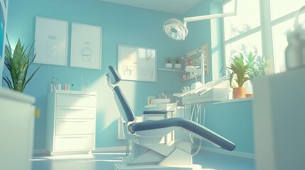A bright and clean dental clinic showcasing a modern dental chair and equipment 