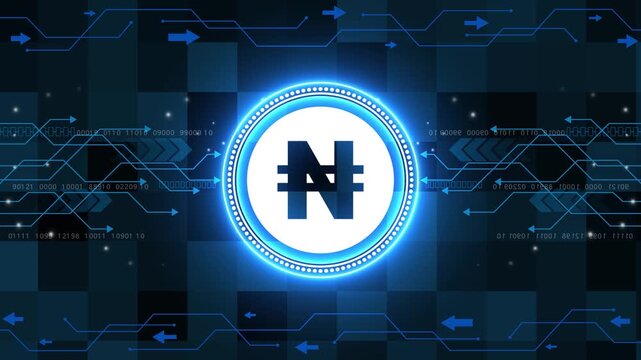 Nair-sign stable coin currency business and digital money hologram symbol appears on a digital background. digital money logo with rotation HUD UI circle technology interface.