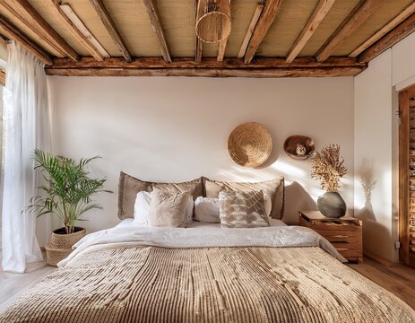 a serene minimalist bedroom with natural warm tones wooden beams woven d cor and a simple bed highlight a peaceful ambiance