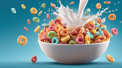 Colorful cereal bowl with milk splash
