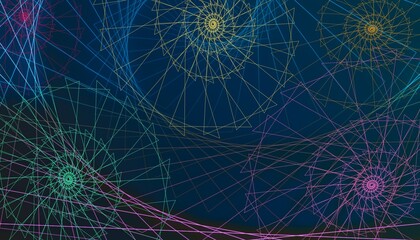 Abstract geometric design with colorful spirals and lines on a dark blue background. Perfect for digital art, wallpaper, and creative projects.