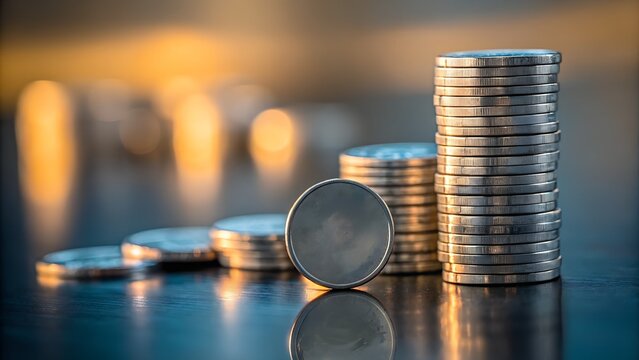 Stacks of silver coins in a row with a blurred background - Powered by Adobe