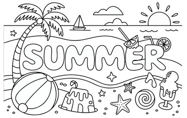 Summer Beach Coloring Page – Black and White Line Art with Palm Tree, Sandcastle, Ice Cream, and Seashells