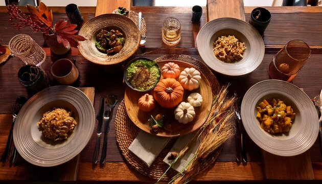 styled table still life arrange food dishes and decor on a tabletop in a relaxed lwaiting for friendr style for a horizontal shot capture the full spread e g a rustic wooden table with fall ha