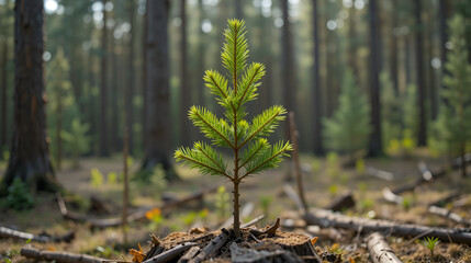 Young pine tree planted or reforested in the forest after the artificial cutting of logs. Reforestation or forestation, natural or intentional restocking of existing forests and woodlands
