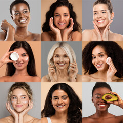A collage features nine women of various backgrounds engaging in skin care routines. Each one...
