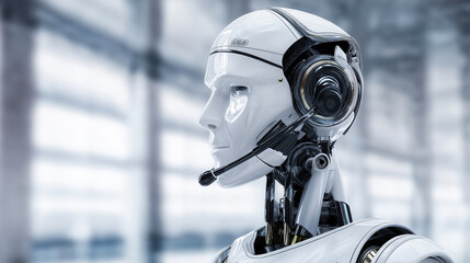 Fototapeta premium Robot with headset showcasing advanced technology at a modern workspace