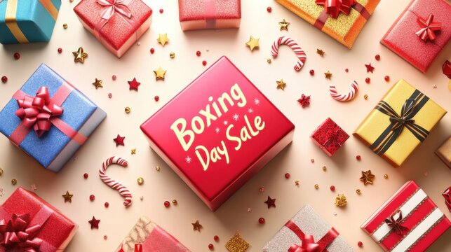 Beautifully arranged colorful gift boxes with ribbons and the Boxing Day Sale text, depicting the essence of festive shopping and joyful giving during holidays. - Powered by Adobe