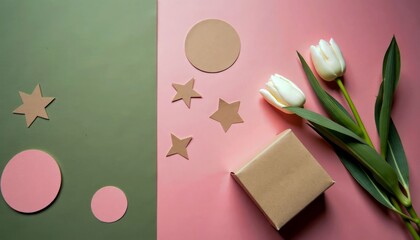 Craft supplies including flowers, gift box, and decorative shapes on a colorful backdrop
