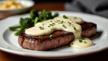 Juicy grilled steak topped with creamy sauce and served with steamed broccoli
