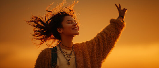 Young woman raising peace sign with joyful expression during sunset  