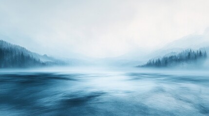 This tranquil landscape features a mist-covered lake surrounded by soft blue hues, creating a serene atmosphere that evokes calmness and introspection for viewers.