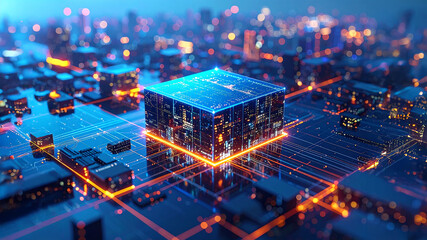 An elevated view of a smart city at night, with glowing blue and orange data lines converging on a central illuminated cube, representing high-tech urban connectivity and big data.