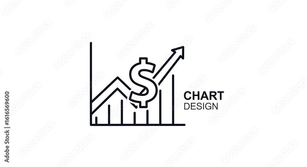 Poster a line chart with an upward arrow, dollar sign, and the words chart design on a white background ai 