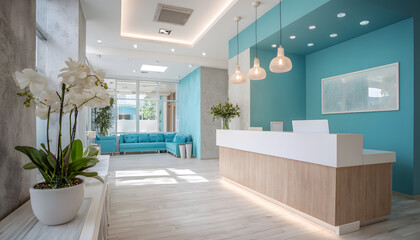 Modern dental clinic interior. Clean bright space, soothing colors, decorative plants create calm environment. White orchid, teal walls, reception desk. Pro healthcare business with open space,