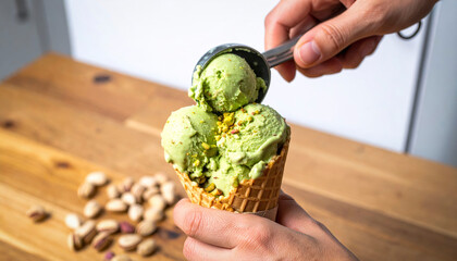 Mano sirviendo helado verde en recipiente con textura cremosa y fondo cálido