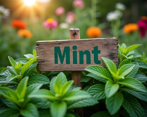 Fresh mint herb growing in a summer garden with a wooden sign and a warm sun flare.