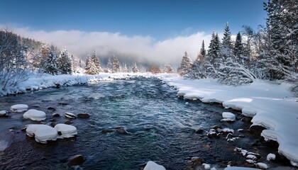 Fototapeta premium the kumsa river flowing through snowy weather