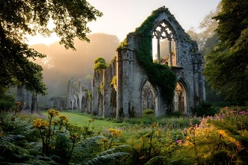 Obraz premium Majestic Abbey Ruins Bathed in Golden Light Amidst Lush Floral Beauty at Dawn