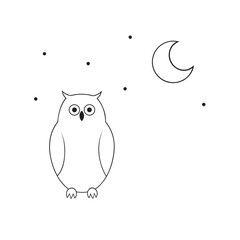 Adorable Hand Drawn Owl Sitting Under a Crescent Moon and Stars Vector Illustration