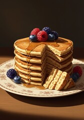 Delicious Stack of Pancakes with Berries and Maple Syrup Drizzle