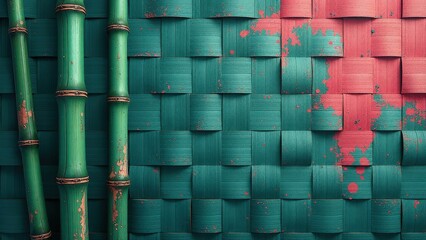 Green bamboo stalks stand beside a textured wall painted green and red, creating an Asianinspired scene.