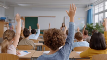 Students eager to answer questions in an interactive classroom setting during school hours