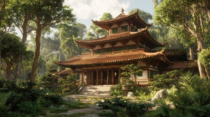 Fototapeta premium A serene Asian architectural marvel with tiered roofs nestled amidst lush foliage