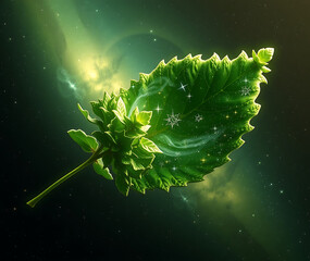 Oregano Leaf Illuminated with Cosmic Energy, Abstract, Nature's Beauty, Fantasy