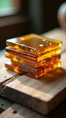 Closeup of stacked honeycomb dripping with honey on a wooden board, highlighting natural sweetness