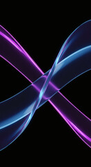 Neon 3D glass ribbons in blue and pink on a black background, abstract futuristic design.
