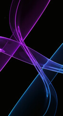 Neon 3D glass ribbons in blue and pink on a black background, abstract futuristic design.