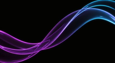 Neon 3D glass ribbons in blue and pink on a black background, abstract futuristic design.