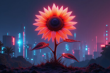 Neon Sunflower A Futuristic Bloom in the Cityscape
