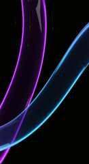 Neon 3D glass ribbons in blue and pink on a black background, abstract futuristic design.