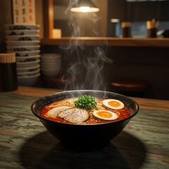 Delicious Steaming Bowl of Ramen Noodles with Pork and Eggs