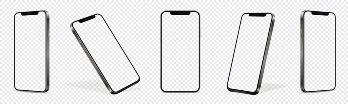 Mobile phone mockups, set of phones transparent screen in different angles isolated on transparent background