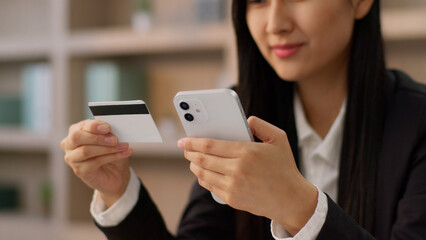 Online shopping safety Asian business woman Japanese Chinese girl female businesswoman Korean...