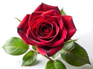 A beautiful red rose with green leaves isolated on white background