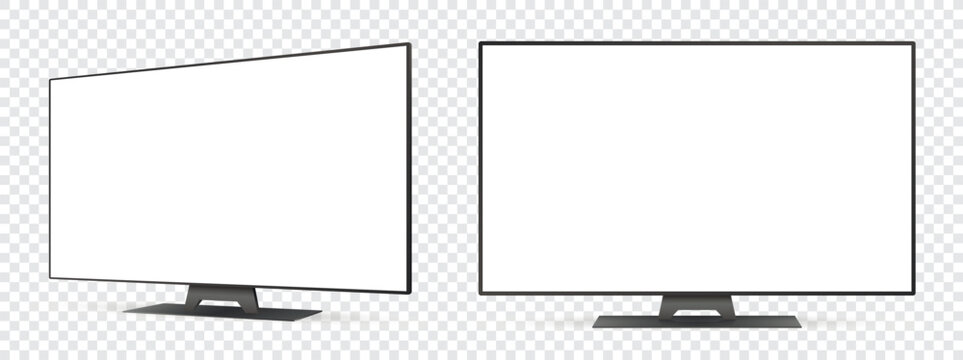 Realistic tv screen mockup. Front and side view with white empty screen on transparent background.