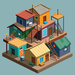 Isometric Colorful Houses Stacked Together with Ladders and Stairs Illustration