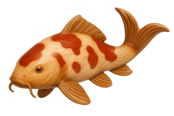 Detailed wooden koi fish carving, featuring vibrant orange patterns, gliding smoothly over transparent surface